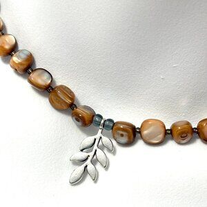 Shiny Caramel Mother of Pearl Short Necklace & Silver Leaf Branch Pendant
